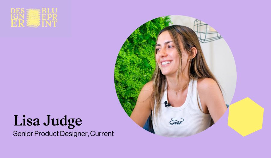 Bamboo Crowd's Latest Episode of Designer Blueprint features Lisa Judge, Senior Product Designer at Current. Purple background with photo of smiling young adult female