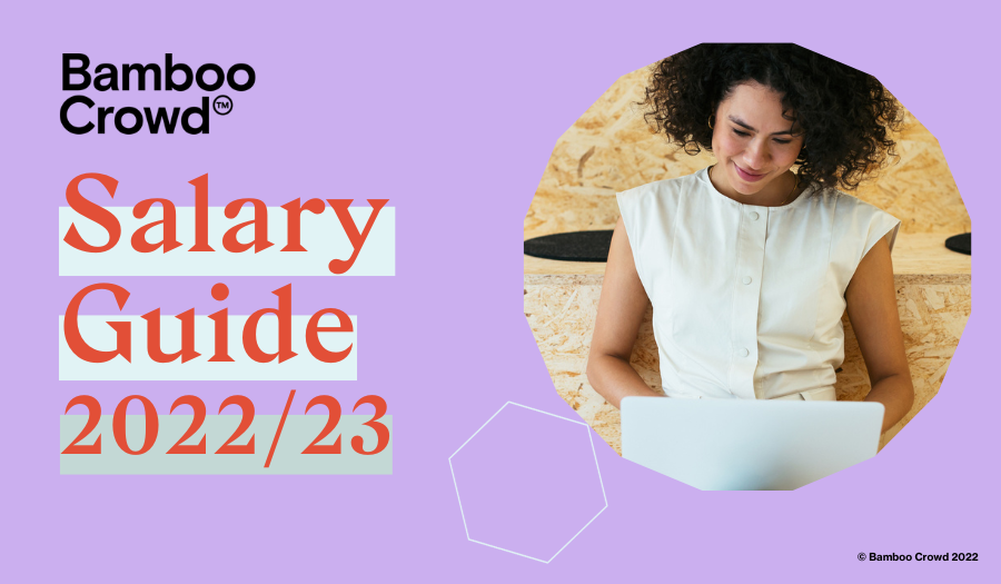 Bamboo Crowd Presents it's 2022 and 2023 Salary Guide - purple background with circle containing image of young adult woman smiling looking down at a laptop
